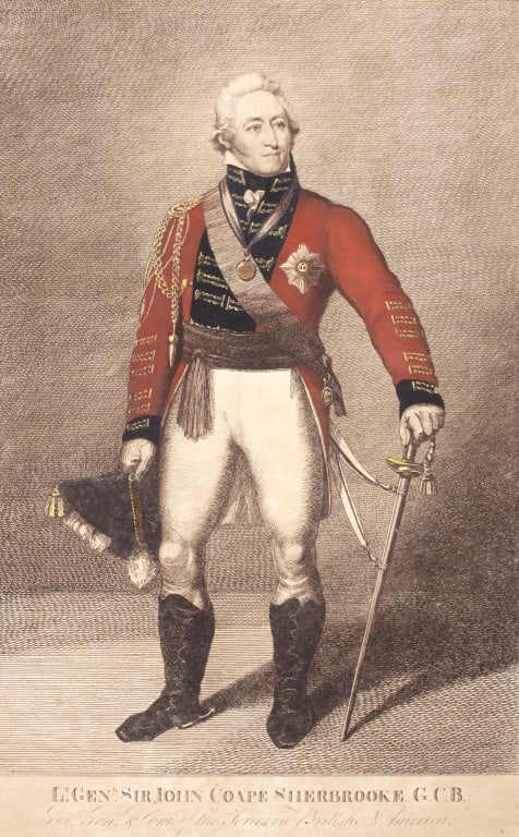 FIELD. JOHN COAPE SHERBROOKE, COMMANDER. 1816: Field, Robert. LT. GENL. SIR JOHN COAPE SHERBROOKE G.C.B. GOV. GEN. COM. OF THE FORCES ON BRITISH N. AMERICA. Halifax: Robert Field, 1816. Print mounted to board, newspaper mounted to verso. Print: 13
