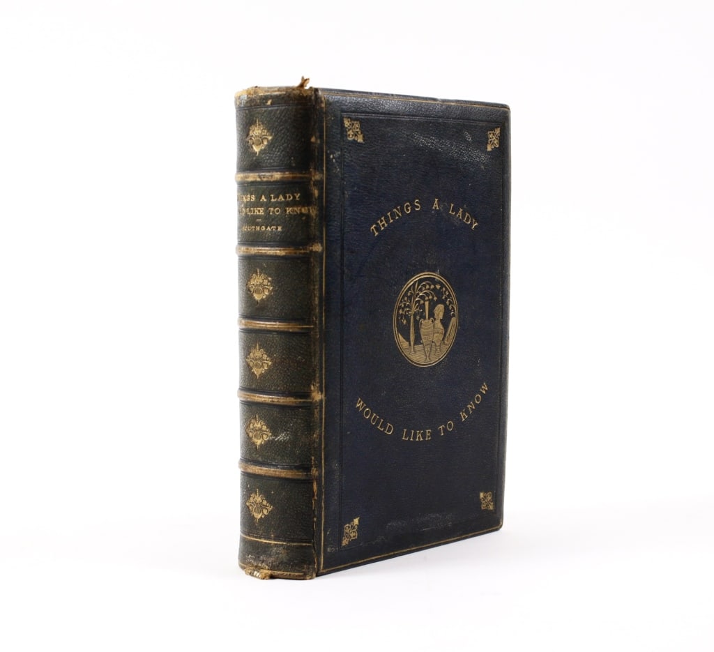 SOUTHGATE. THINGS A LADY WOULD LIKE TO KNOW. 1875: Southgate, Henry. THINGS A LADY WOULD LIKE TO KNOW CONCERNING DOMESTIC MANAGEMENT AND EXPENDITURE. London: William P. Nimmo, 1875. 8vo. Full blue morocco boards. Upper and lower stamped in gilt. Spine
