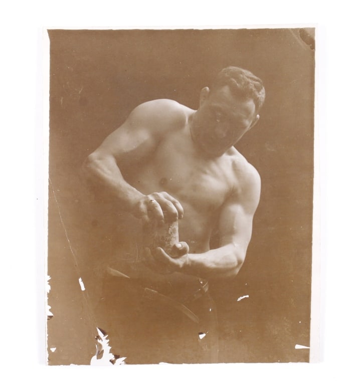 [MALE PHYSIQUE] 1 SILVER PRINT + 2 POSTCARDS: MALE PHYSIQUE. A lot of 3 prints sold together: 1 silver print ("Anatomy and Nude") plus 2 postcards. Stamp of Charles Lennox Wright on back of silver print, with penciled caption: "Anatomy and Nude /