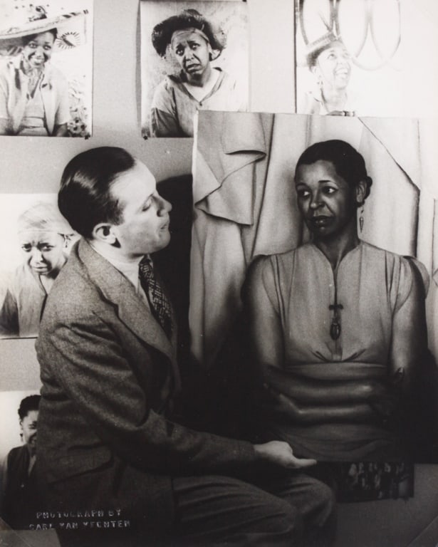 VAN VECHTEN, CARL. LUIGI LUCIONI & ETHEL WATERS: VAN VECHTEN, Carl. LUIGI LUCIONI AND HIS PORTRAIT OF ETHEL WATERS. Silver print mounted with plastic corners in mat. Embossed stamp lower left. Backstamp, caption on verso; notes photographs in backgr