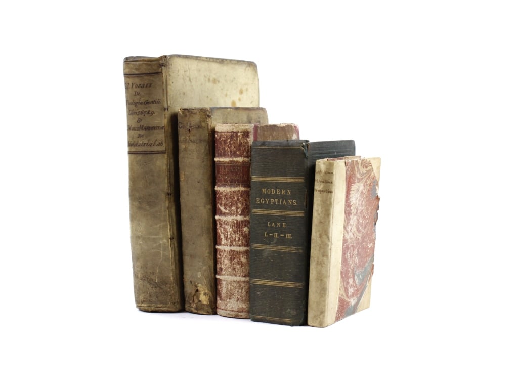 [ANTIQUARIAN] LOT OF 5 VOLUMES SOLD TOGETHER: ANTIQUARIAN. A lot of 5 volumes sold together. 18th-19th century. Quarto and smaller. Bindings vary, condition varies. Including: Rowe, Nicolas. LUCAN'S PHARSALIA... London: T. Johnson, 1720 * Lane, E
