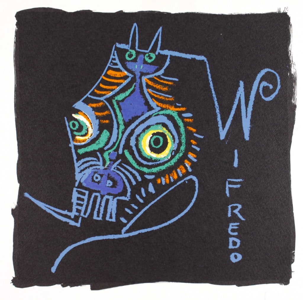 LAM, WIFREDO. "W," L'ALFABETO. SIGNED PHOTOLITHO.: LAM, WIFREDO. La Lettera "W" from the series "L'Alfabeto." (Bolaffiarte). Photolithographof the original series. LIMITED CLUB DEI CINQUEMILA edition, numbered 3567/5000 and signed by the artist in pen