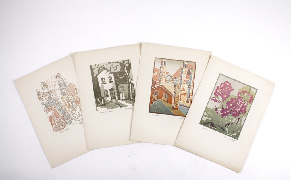 [ART] LOT OF 8 PIECES SOLD TOGETHER: ART. A lot of 8 pieces sold together. Including: 5 woodblocks/prints, 4 from the Colophon, 1 by unknown artist ("A.S. Komsa") all loose, signed or initialed by the artists in pencil. 5 x 4.25 - 9.25 x
