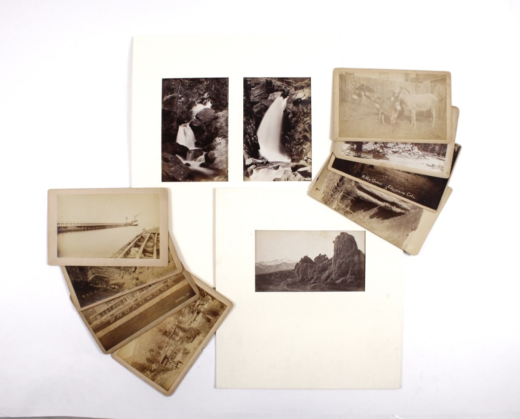 [AMERICAN WEST] LOT OF 11 PRINTS SOLD TOGETHER: AMERICAN WEST. A lot of 11 prints sold together. All mounted, most captioned. Including: 7 boudoir cards (W.E. Hook), showing rock pile grave in Cheyenne Mountain, Colorado, Broadmoor, railroad, etc.;