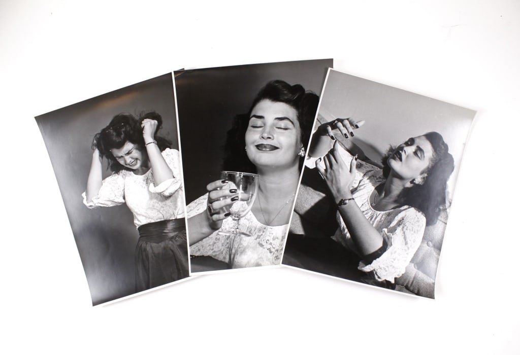 HALSMAN. HOLLYWOOD STARLETS: LAURETTE LUEZ. 1949: HALSMAN, Philippe. HOLLYWOOD: LORETTE LUIZ. 1949. A lot of 3 silver prints sold together. Each with Halsman's backstamp, title and date penciled on versos. 13.5" x 10.75". Generally very good conditio