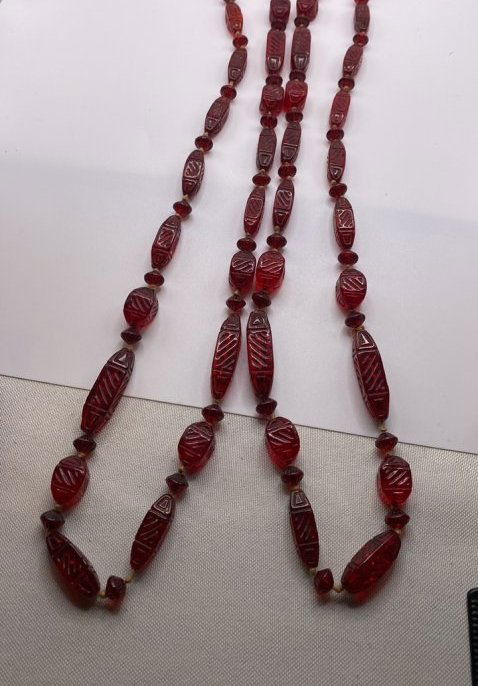 60" Neiger? Molded Glass Beaded Necklace: In 1938 Gablonz was taken as part of the German Reich- The Neigers were Jewish and initially escaped into the adjacent Czech part of Bohemia. Where they continued to work on a small scale. They were l