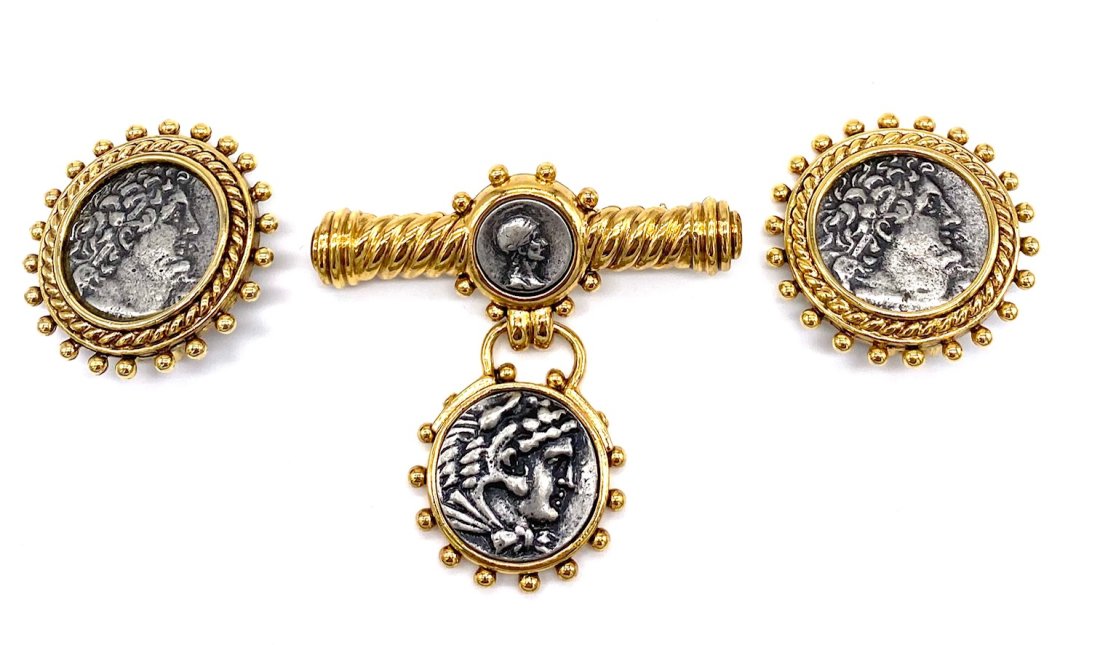 Italian Coin looking Brooch & Large Clip On Earrings: Set of Italian Coin looking large clip on earrings and bar pin with coin drop. Unsigned but great piece. This sale is online only-no public preview or live in house sale will be held. Please ask for a