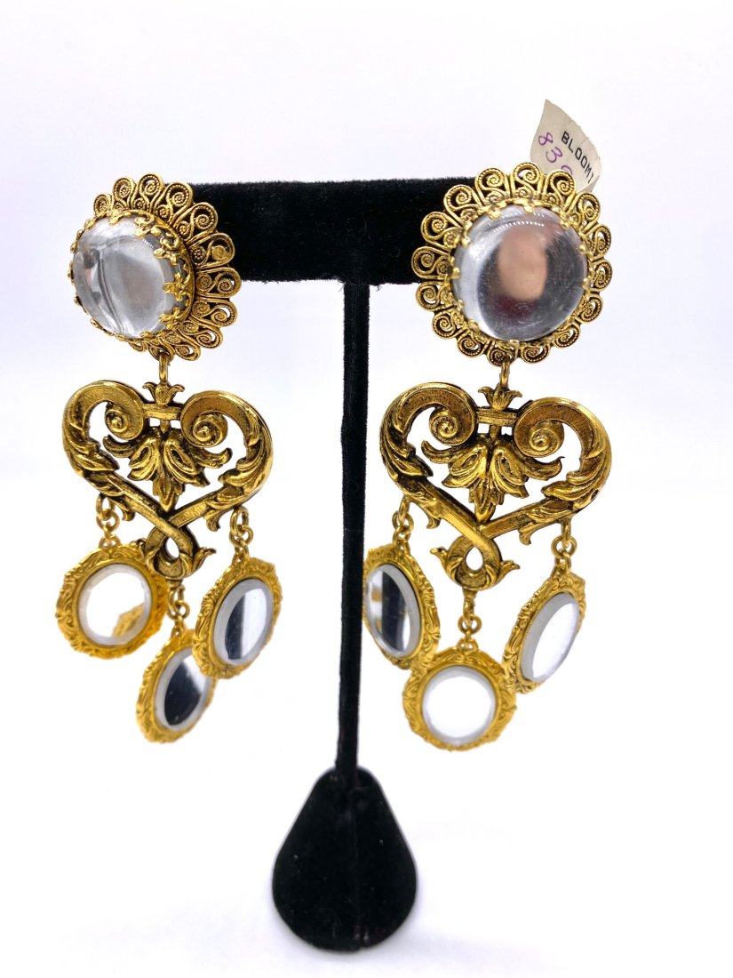 Magnificent made in France 4" Clip on Earrings: These earrings have so many things going for them. Lucite buttons on the top, mirrors on the bottom & fantastic chandeliers. New with tags from Bloomingdaleâ€™s the 90s. This sale is online only-
