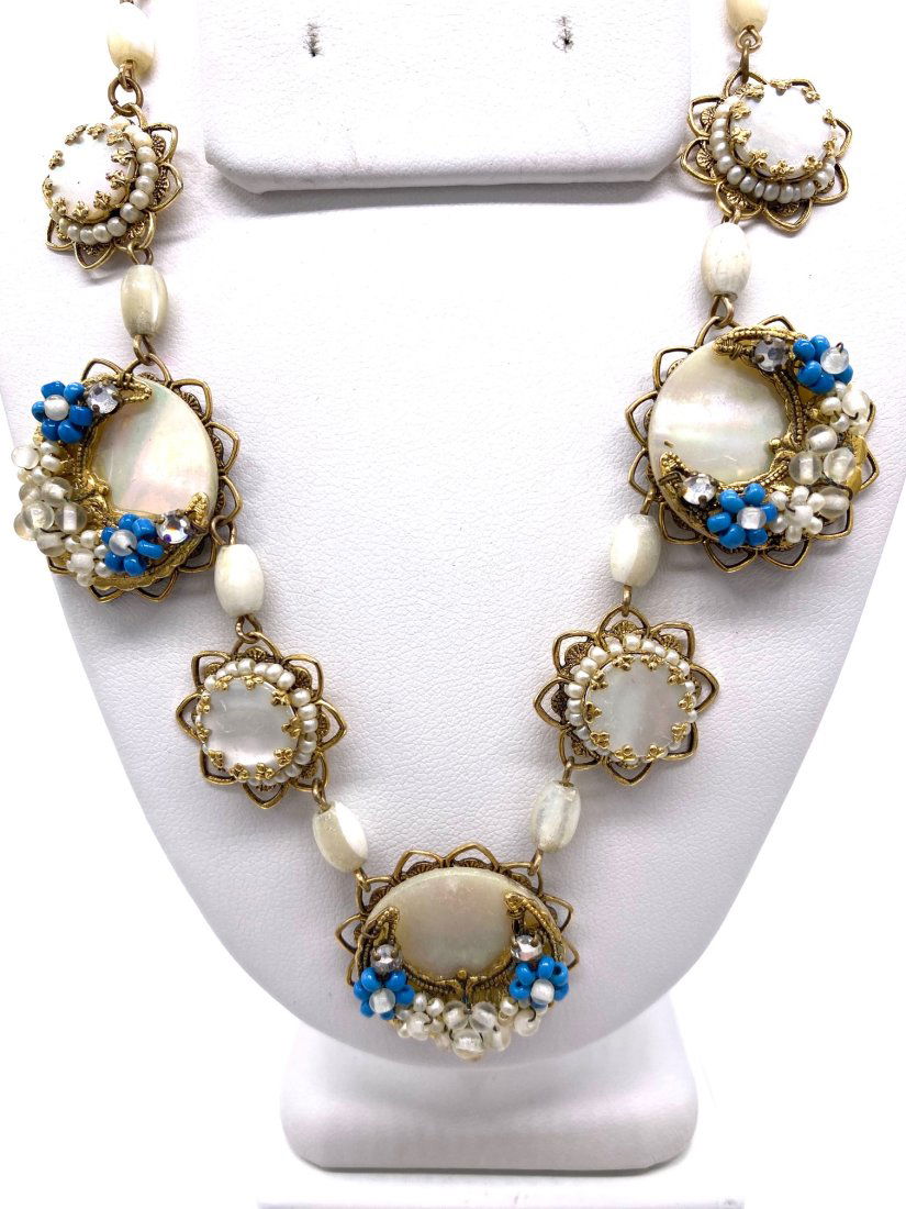 Antique Hand Beaded Necklace on chain Mother of Pearl (1 of 6)