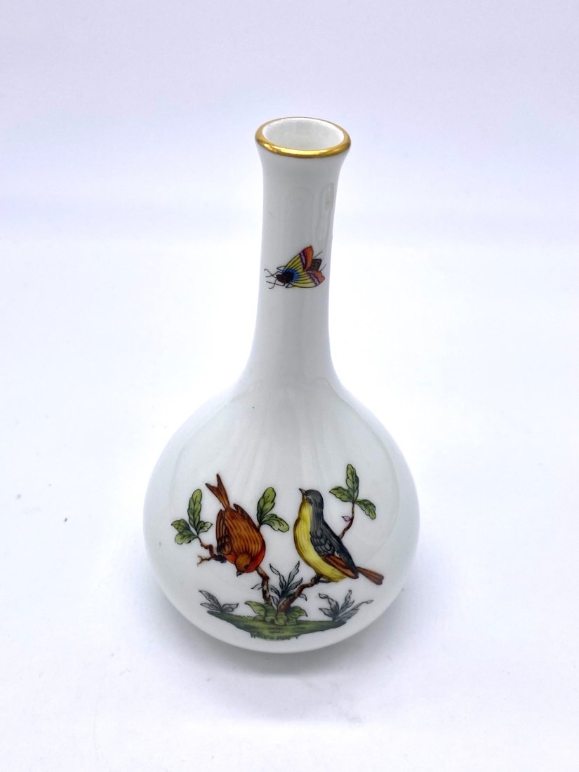 Herand Rothschild Bird Vase: This beautiful Bud vase by Herend measures 5 1/2” x 3” around. Perfect condition. This sale is online only-no public preview or live in house sale will be held. Please ask for additional p