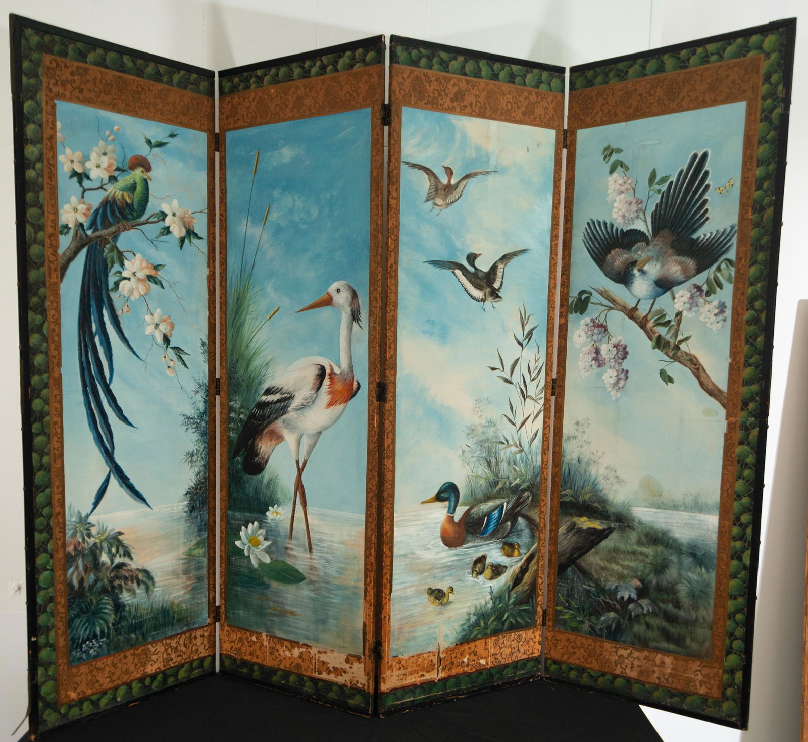 Large Screen on canvas depicting Birds on the banks of a River, Mexican school from the end of the (1 of 4)