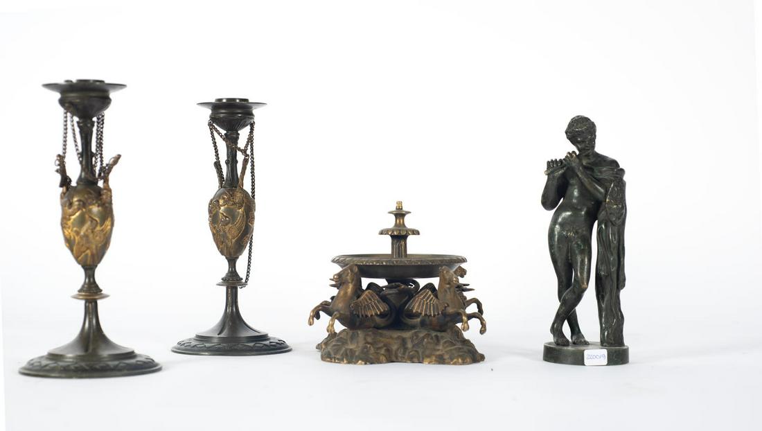 Bacchus bronze figure, pair of candlesticks and bronze fountain, 19th century (1 of 6)