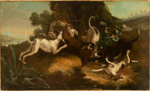 Hunting scene, Flemish school of the XVII - XVIII centuries, circle or follower of Frans Snyders: Oil on canvas. Canvas measures: 108 x 65 cm