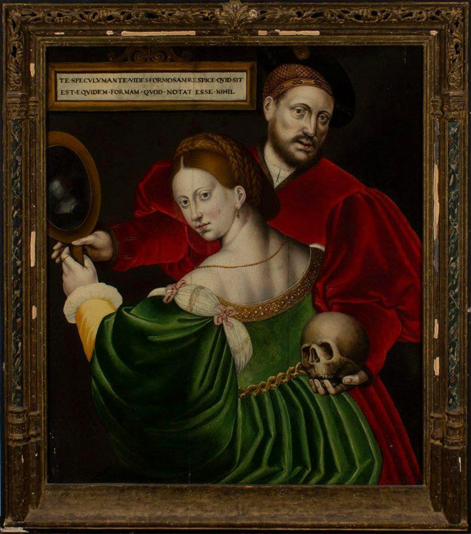 "Vanitas", Ambrosius Benson (?,1519-Bruges, 1550), Flemish school of the 16th Century: Ambrosius Benson (1519-Bruges, 1550)"Vanitas". Oil on board. Legend in Latin that reminds the viewer of the ephemeral and vain nature of physical beauty: "In front of the mirror you look beautiful, bu