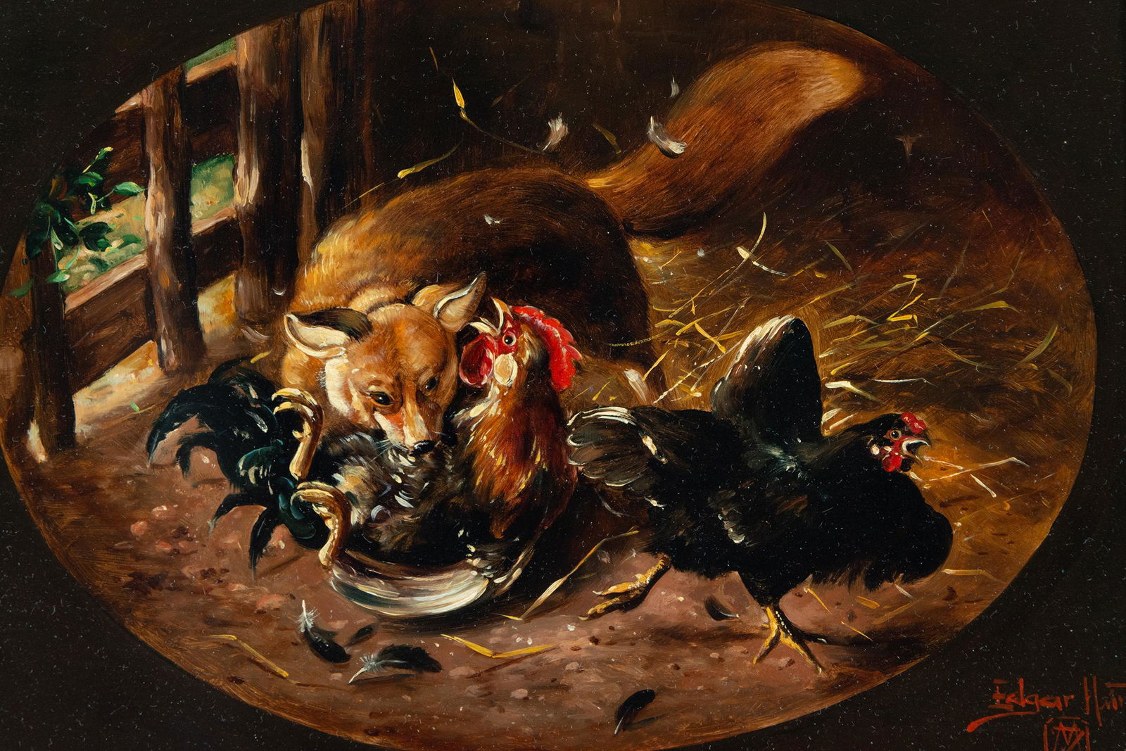 Fox eating Chickens, signed Edgar Hunt, 19th century English school: Oil on board, board measurements: 21 x 18, framed measurements: 42 x 36 cm