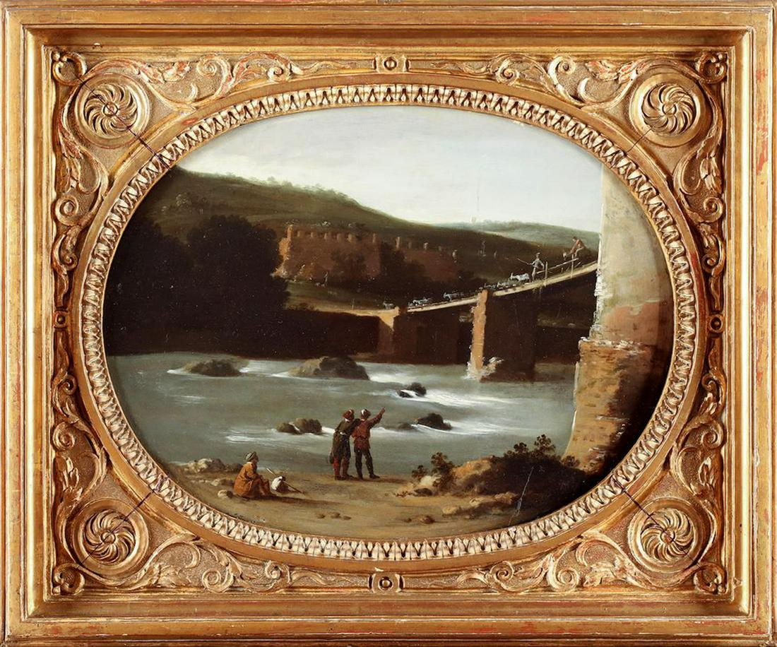 Peasants on a Bridge, Goffredo Wals (c. 1595-1638) (Cologne, c. 1595?-Calabria, c. 1638?),: Oil on oval linden panel, measurements: 34 x 26 cm, framed measurements: 47 x 40 cm. Collection number on the reverse: 272. Unusually rare painting in the shape of an oval. We see a herd of goats and