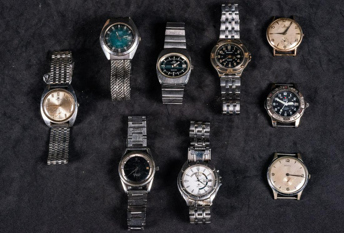 Lot of 9 vintage watches 20th century: 9 men's watches from different brands: (Radiant Quartz 30 meters, Seiko Kinetic, Helvetia, Festina, Technos Technomatic, TimeForce Quartz, Lanco 15 Rubis, Titan 21 Rubis, Arctos Nato)