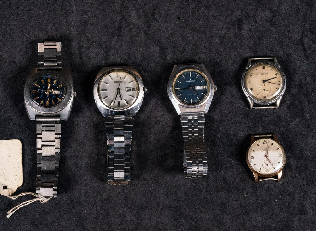 Lot of 5 vintage watches 20th century: 5 men's watches from different brands: (Buren Grand Prix, Belison Ancre 15 Rubis, Duward Automatic, Radiant Automatic, Citizen 27 Jewels)