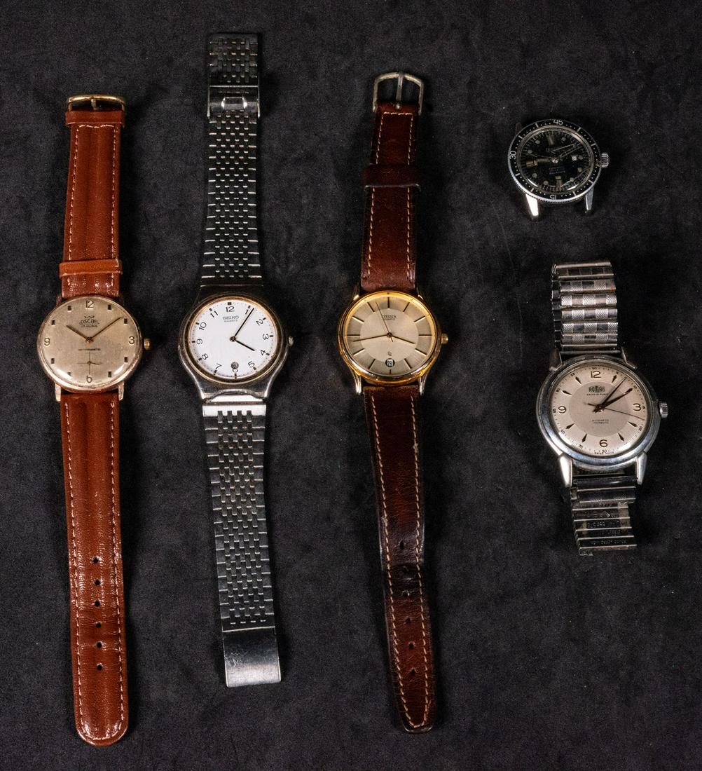 Lot of 5 vintage watches 20th century: 5 men's and women's watches of different brands: (Exactus Aquamax, Oscar 17 Rubis, Roman Ancre 21 Rubis, Citizen Quartz, Seiko Quartz)