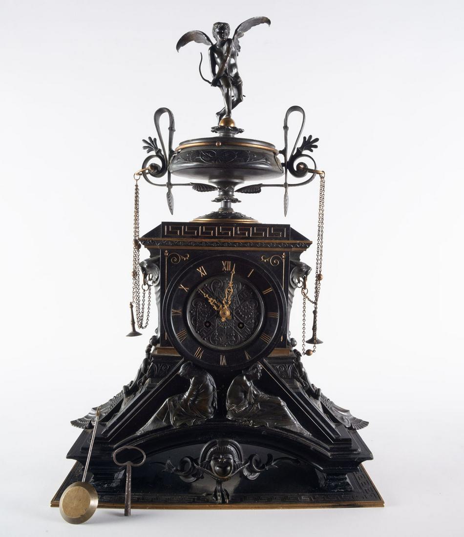 Rare French Napoleon III Table Clock in Neo-Egyptian style, in Patinated Bronze, 19th Century (1 of 6)