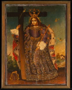 Sainte Helene with the Cross on Her Back, Bolivian colonial school from the late 18th century -: Oil on canvas, measurements: 42 x 32 cm, framed measurements: 44 x 34 cm