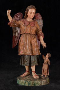 Large Carving of the Archangel Saint Raphael next to Tobias, Bolivian colonial school from the end: In carved and polychrome wood, measurements: 61 x 36 x 26 cm. One of the most venerated Archangels in the New World and most replicated by the Catholic Church during the first phase of Evangelization