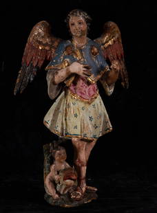 Archangel Saint Raphael, important colonial group in polychrome wood carving, Mexico or Guatemala,: Small mistakes and isolated jumps in the polychrome, total measurements: 27 x 18 x 8 cm