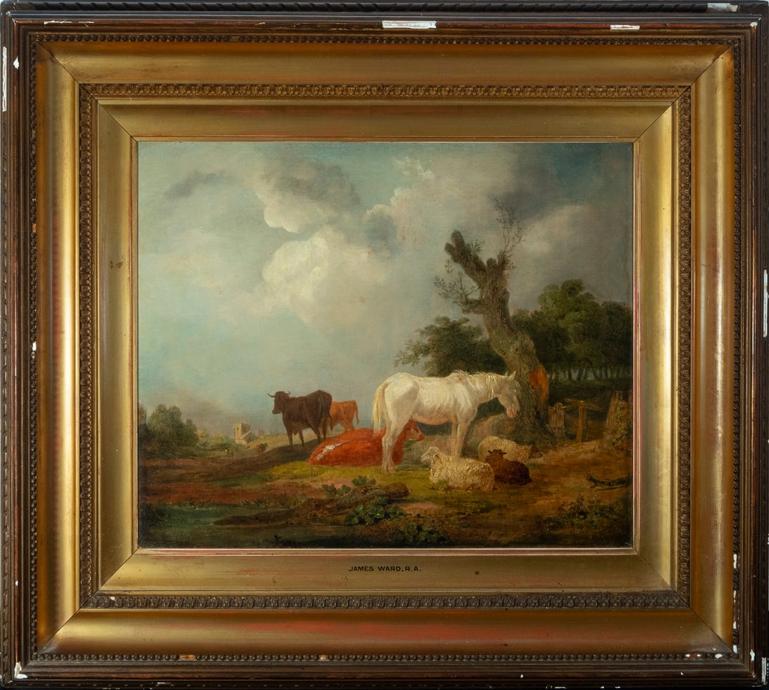 Attributed to James Ward, RA, Country Landscape with Cows, 19th century English school: Oil on canvas, measurements: 46 x 35 cm, measurements with frame: 70 x 61 cm. James Ward (London, October 23, 1769-Cheshunt, Hertfordshire, England, November 17, 1859) was an English painter, particul