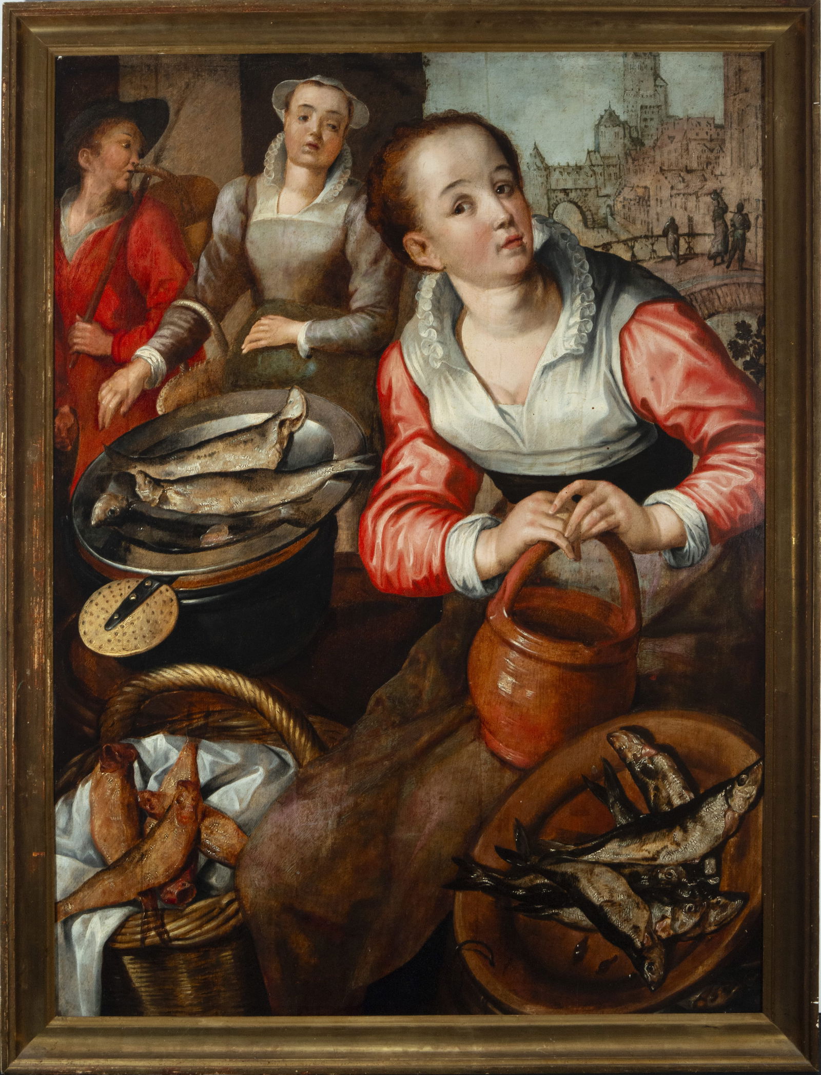 "The Fish Sellers", manner of Juan Van der Hamen y Leon (Madrid,1596 - Madrid, March 28, 1631),: Oil on oak panel, measurements: 103 x 76 cm, framed measurements: 112 x 85 cm. Juan van der Hamen y Leon (Madrid, April 8, 1596 - Madrid, March 28, 1631), Spanish baroque painter of the so-called Gold