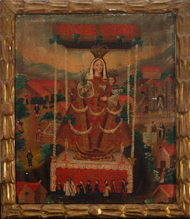 Virgin of las Cocheras in Procession, Bolivian Viceregal colonial school from the late 18th century: Oil on canvas, measurements: 52 x 45 cm, measurements with colonial frame of the time: 61 x 51 cm.