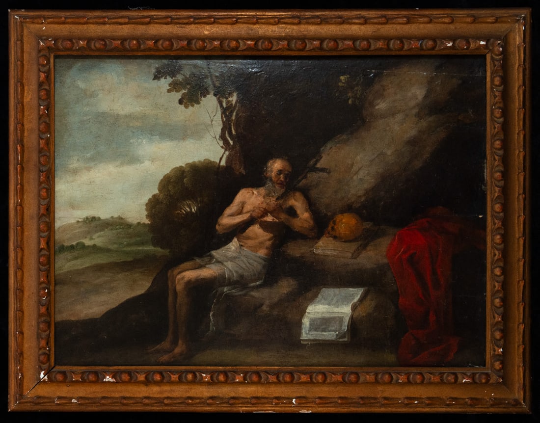 Important Saint Jerome on panel, Hispano-Flemish School around Joos Van Cleve or Juan de Flandes,: Oil on panel, measurements: 65 x 50 cm (the panel), framed measurements: 78 x 60 cm. Provenance: important private collection, Madrid.