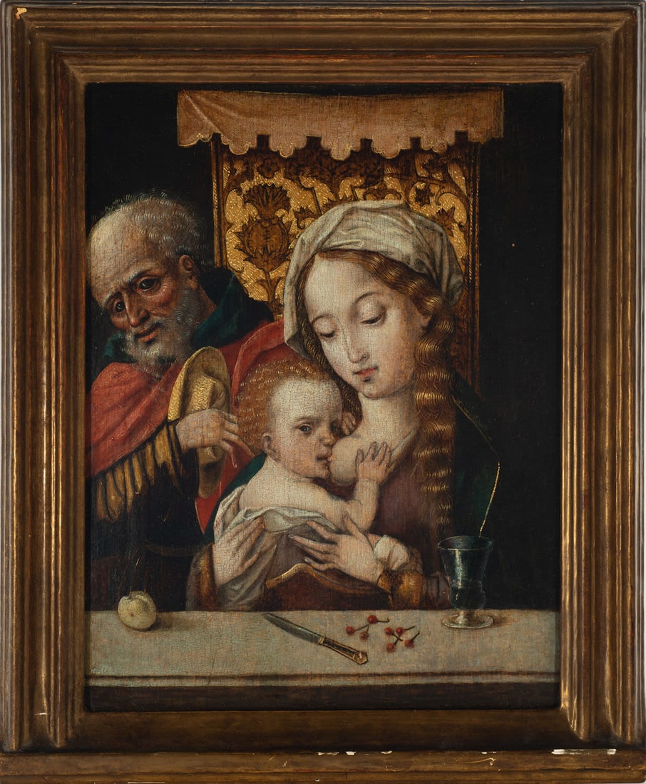 Virgin of the Milk, attributed to Joos Van Cleeve (Cleveris, c. 1485 - Antwerp, 1540 or 1541),: No reserve lot, property of a Gentleman, estate liquidation. Oil on panel, measurements: 37 x 29. Joos van Cleve (Cleveris?, c. 1485-Antwerp, 1540 or 1541), member of a family of artists, since the su