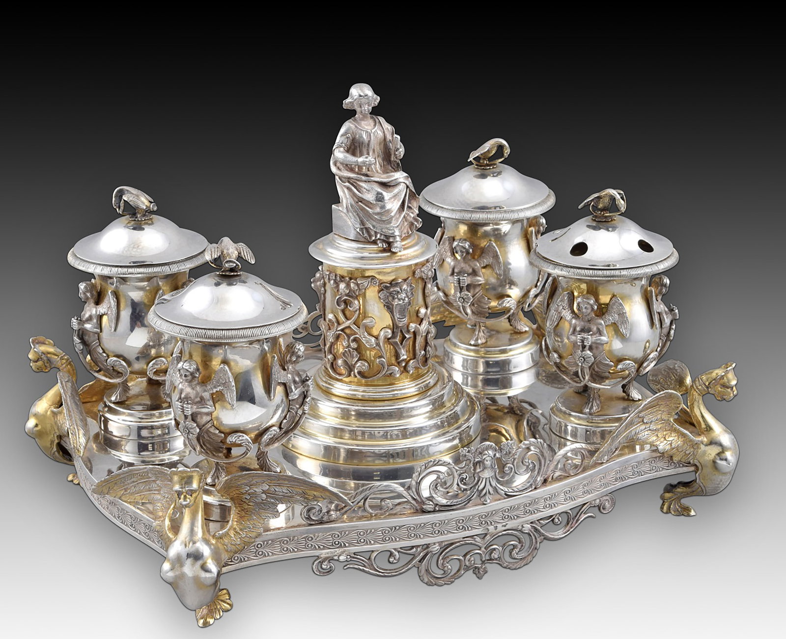 Exceptional Notary Office with four inkwells. Silver. Spain, late 19th century. With contrast (1 of 15)