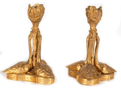 Rare pair of Art Nouveau Swan Candelabras, in Gilt bronze, Austria or France, 1900: Measurements: 15 x 10 x 10 cm