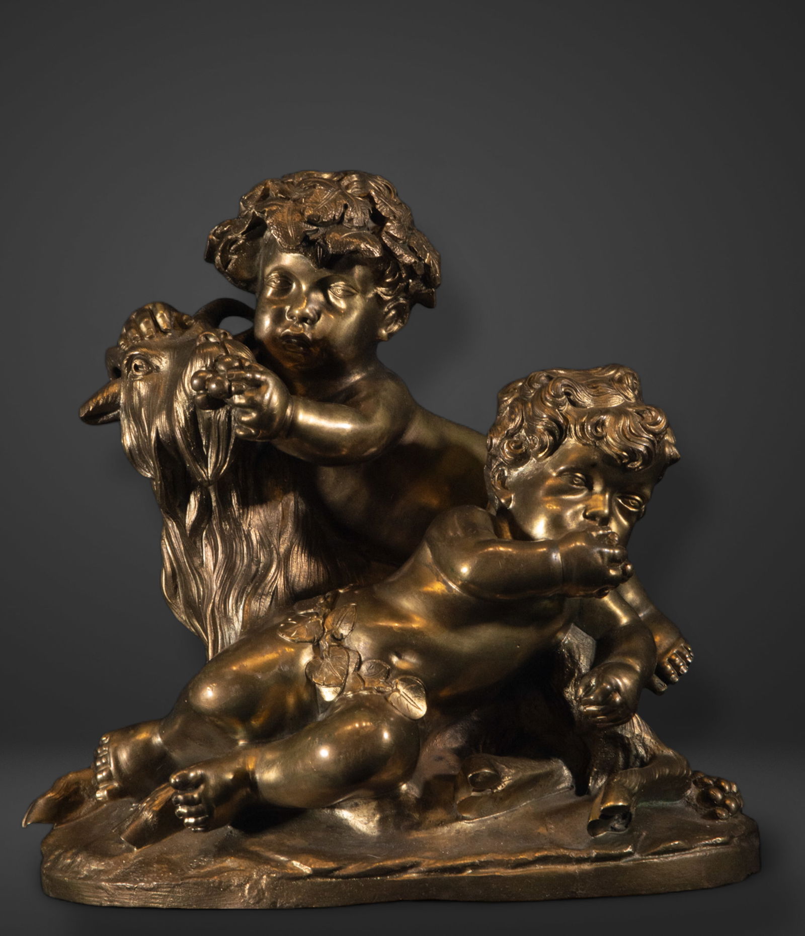 Allegorical French Beaux Arts sculpture of two Amours climbing a goat in patinated and gilded bronze (1 of 8)