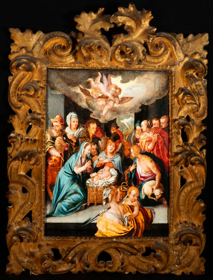 Exceptional Adoration of Shepherds German Renaissance oil on panel Hans von Aachen Cologne 1552: Oil on board measures 34 x 24 cm framed measures 52 x 40 cm. Hans von Aachen or Johann von Aachen Cologne 1552 Prague March 4 1615 . was a German painter. Since his childhood he showed great talent fo