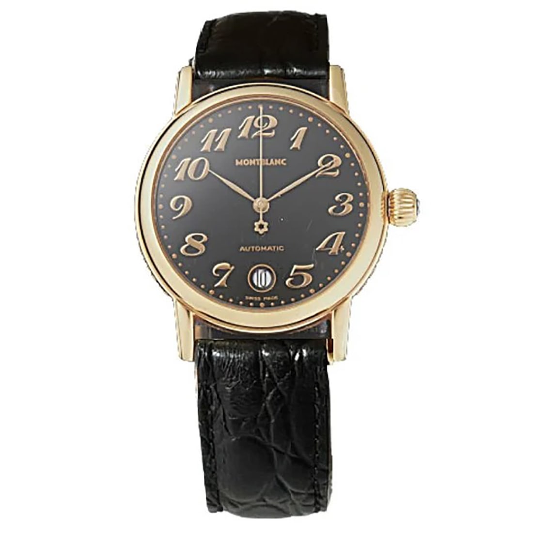 Montblanc Meisterstuck 36mm black dial wristwatch: This watch is second hand it is in excellent condition it retains the brand's original buckle the strap is not the original one but a new one made of black leather. With box and two years warranty.