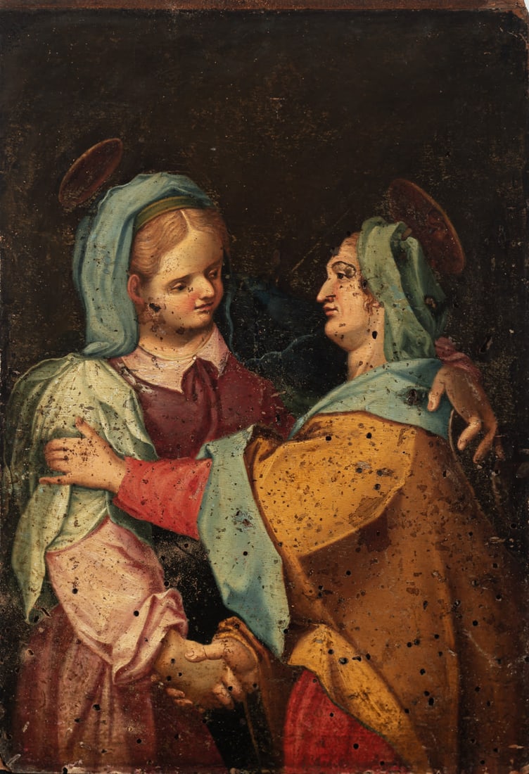 Italian school of the 17th century. The Visitation. Oil on panel. Vallicella Rome. 27 x 19 cm.: Italian school of the seventeenth century. The Visitation. Oil on panel. Inscription on the back. From a compositional point of view it is inspired by the work of Federico Barocci that is preserved in