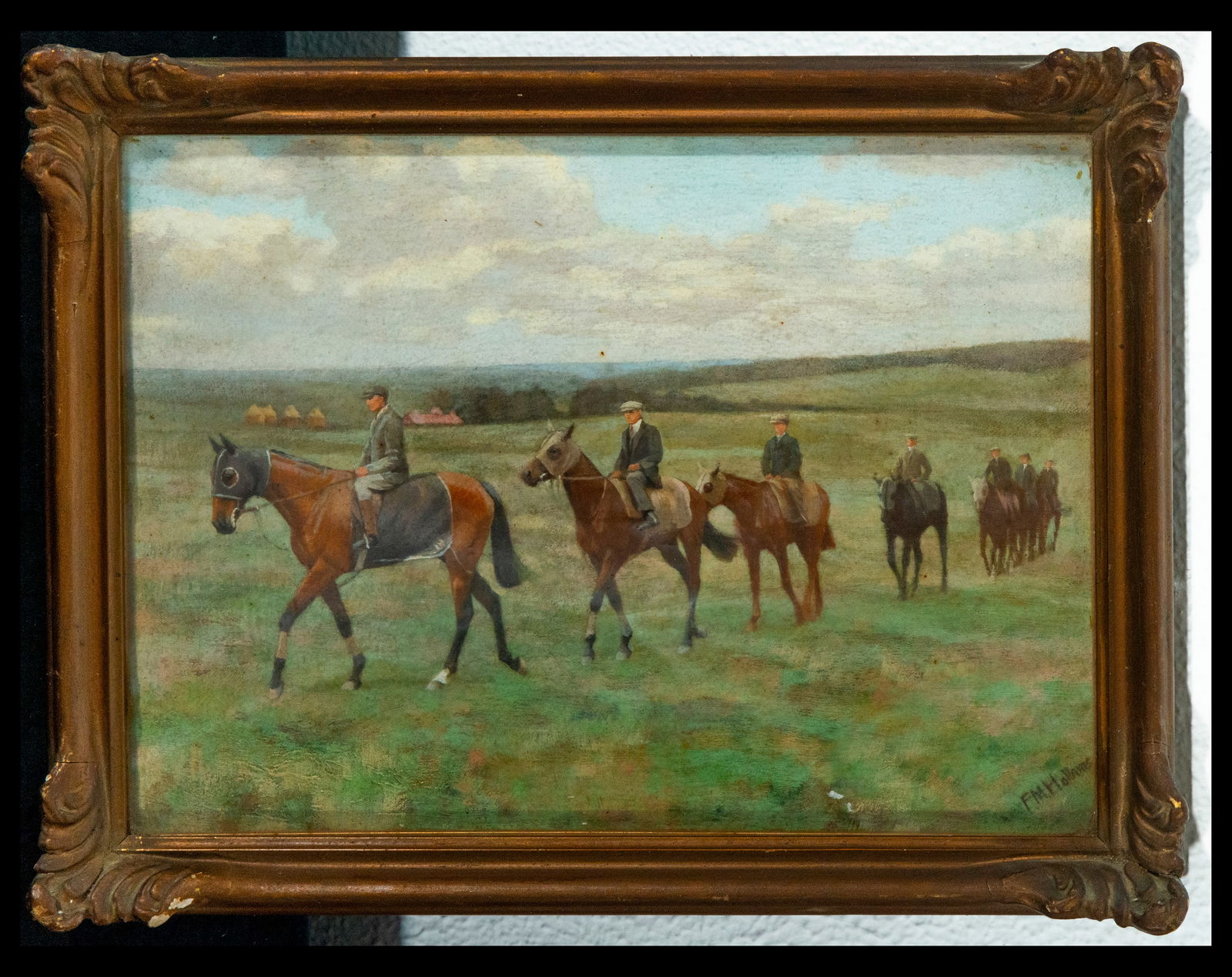 FRANCES MABEL HOLLAMS (1877-1963) Horse Riders in oil on panel, signed lower right corner, English s: Table measurements: 31 x 23 cm, framed measurements: 37 x 26 cm