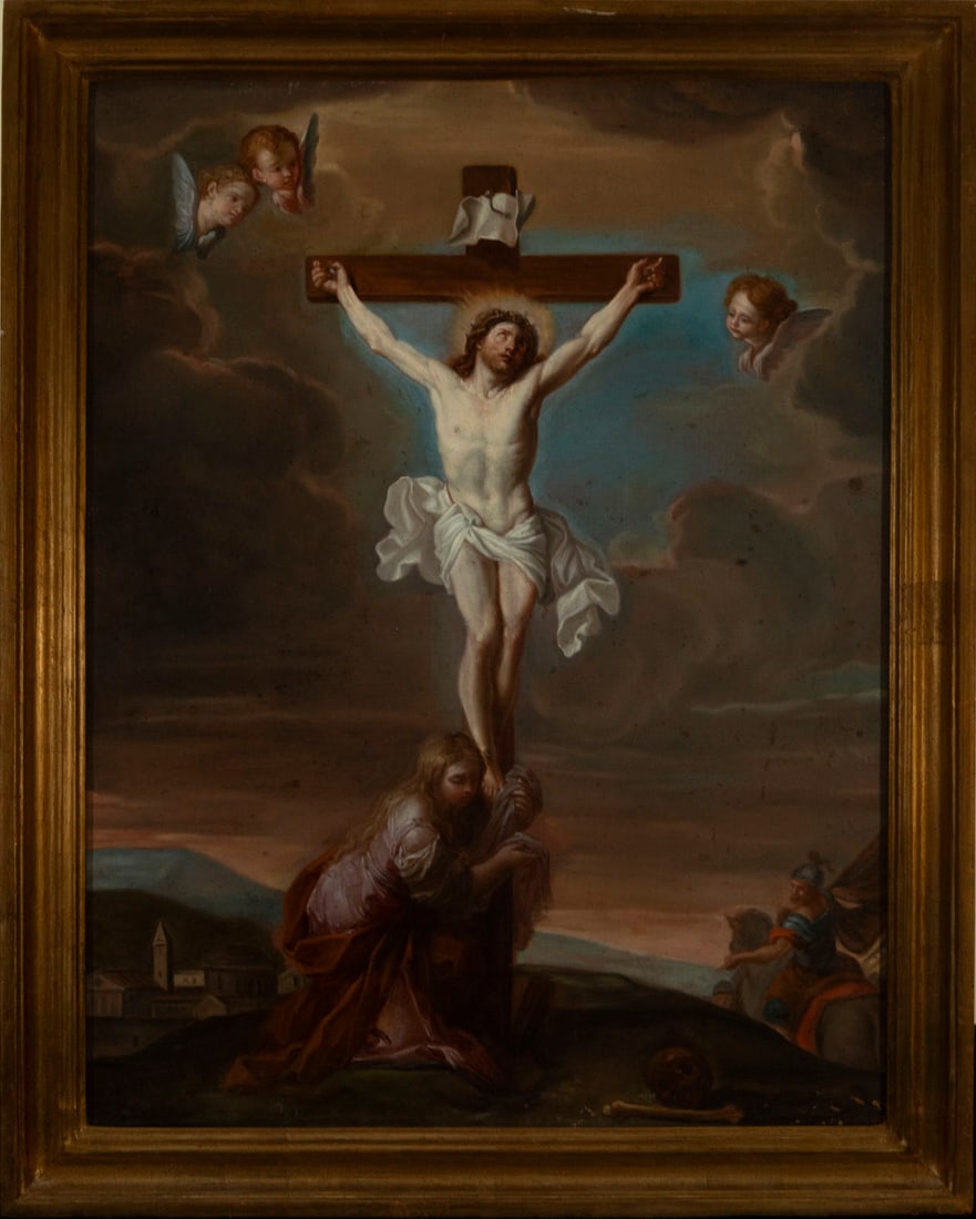 Placido Costanzi (1702-1759) Magdalene at the Feet of Jesus Christ, Italian school of the late 18th: With exhibition label on the back "Mostra del 700 a Roma, 1959". Oil on canvas measurements: 65 x 50 cm. Framed measurements: 75 x 60 cm