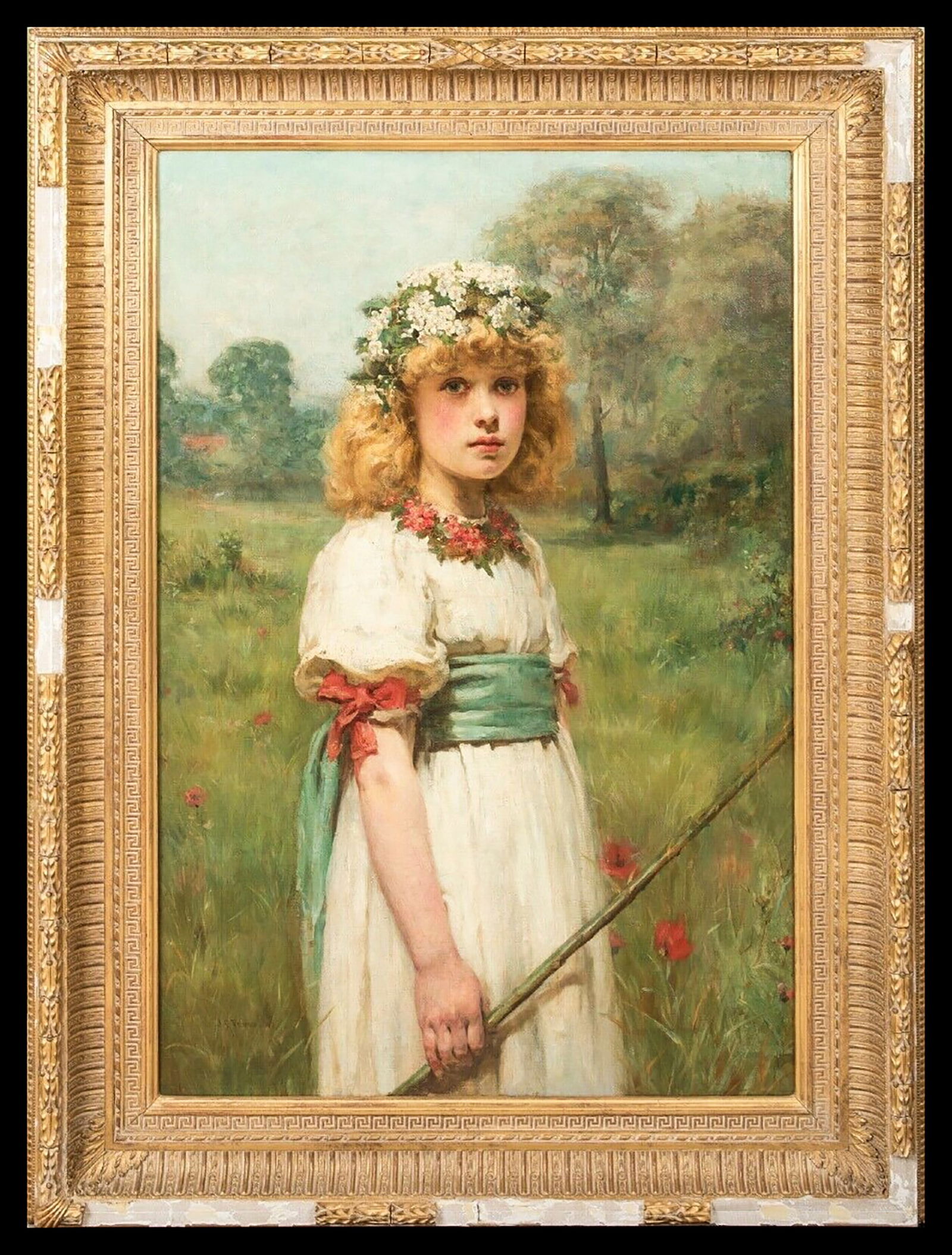 Valentine Cameron Prinsep (1838-1904)- The May Queen: Oil on canvas, dimensions: 130 x 95 cm (framed) Large 19th century English Pre-Raphaelite portrait of a young woman as the May Queen, by Valentine Cameron Prinsep. Of excellent quality and state of pr
