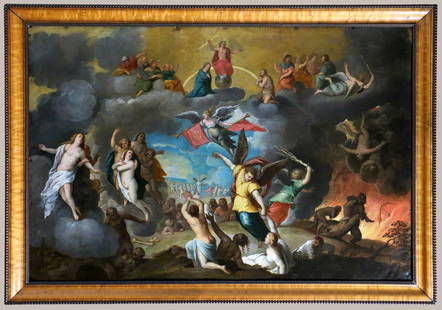 Workshop of Frans Francken the Younger (1581-1642) - The Last Judgement c.1600: Oil on copper mounted on parquet stretcher, 65 x 97cm (unframed), 75 x 107cm (framed). Frame 107cm by 75cm. This magnificent painting, dated to the early 17th century, depicts the Last Judgement and b