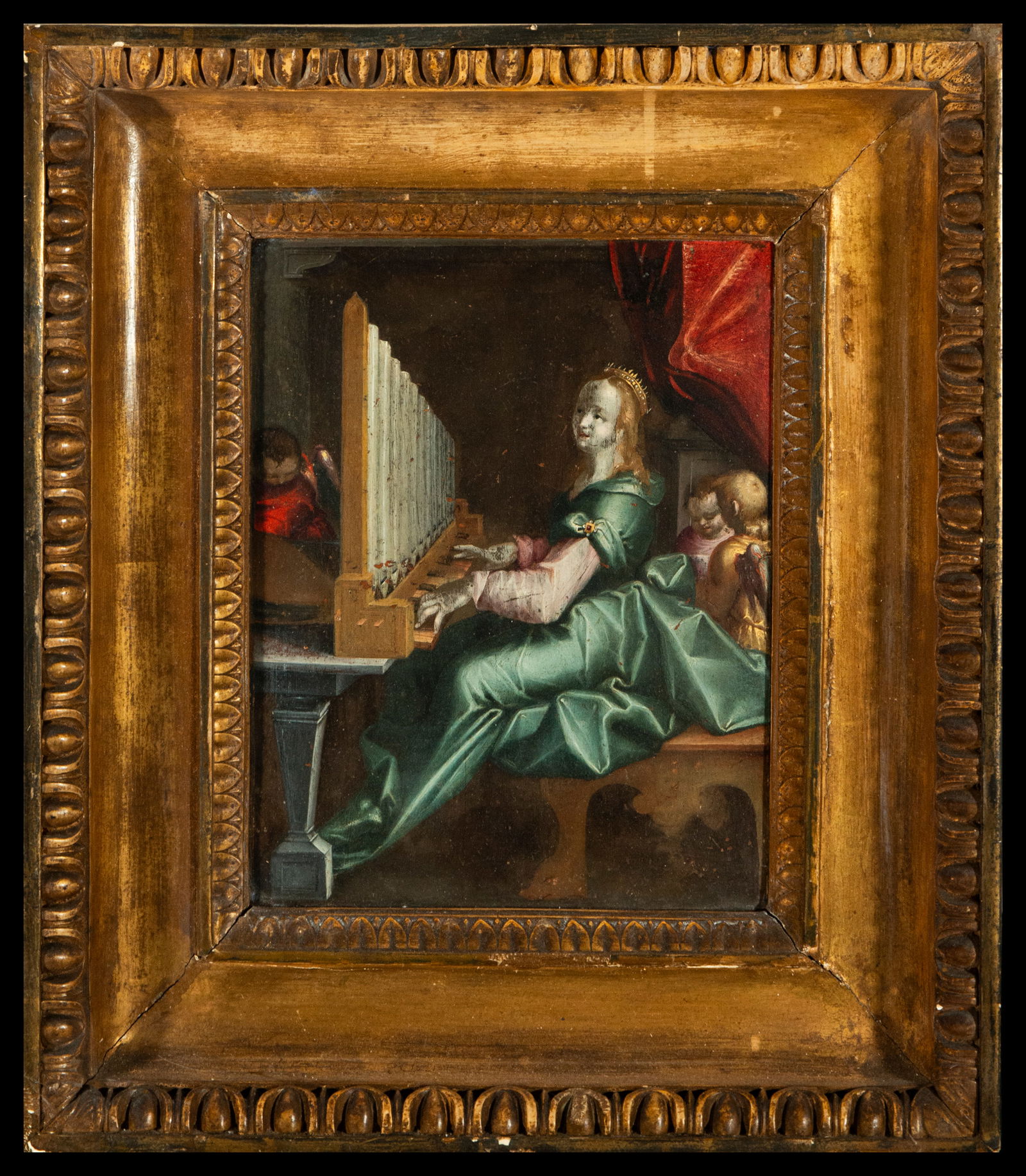 17th Century Flemish School - Santa Cecilia: Oil on panel. Dimensions: 39 x 34 cm. Representation of Saint Cecilia, patron saint of music, playing an organ. The figure of the saint is shown serene and focused on her musical performance, in an en
