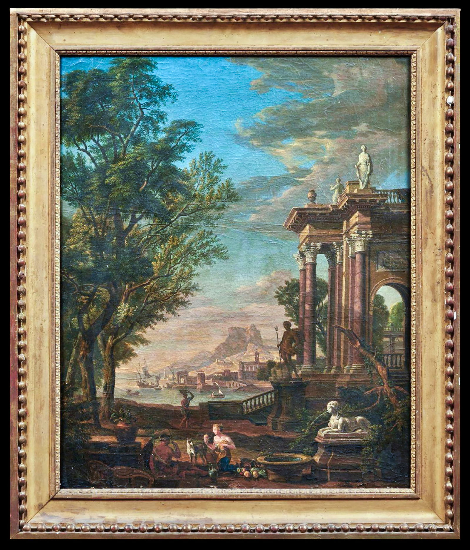 French School of the 18th Century after Isaac de Moucheron - Caprice: Oil on canvas. Dimensions: 67 x 55 cm (unframed). Monogram in the lower right corner “JBF”, with restorations.