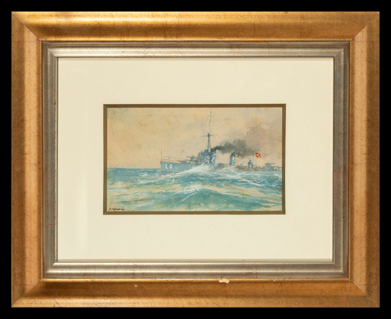 Spanish School of the 20th Century - Scene of a warship sailing through the sea, Watercolor (signed: Watercolor. Dimensions 97 × 38 cm. This work immerses us in a moment of intense naval activity, where an imposing warship sails through the waves, leaving a trail of smoke in its wake. The flag wavin