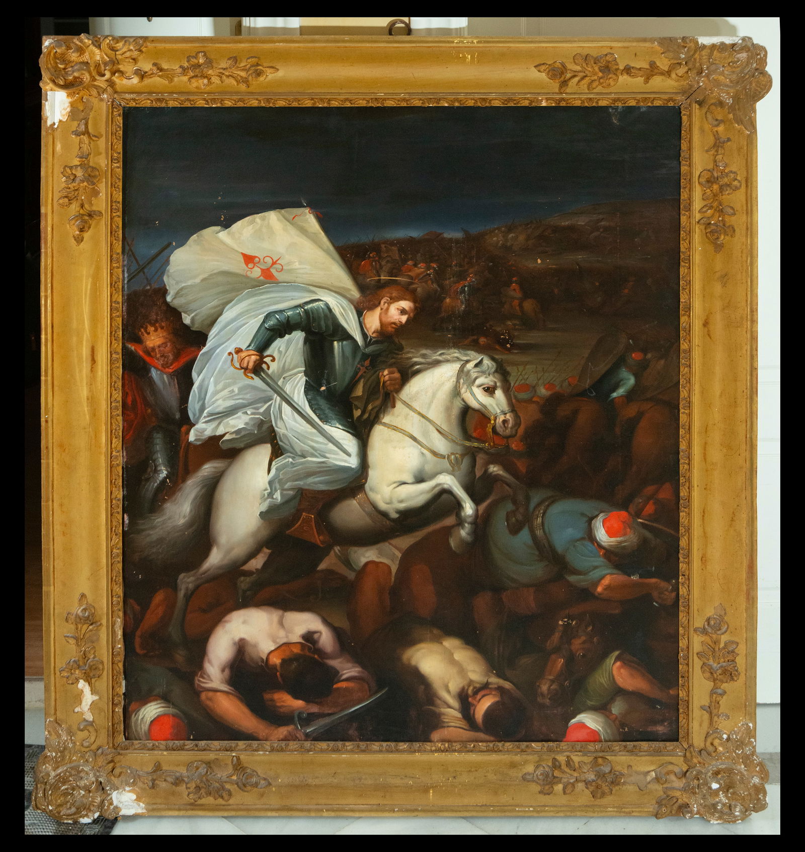 Following the models of VICENTE CARDUCHO (Florence, c. 1576 - Madrid, 1638) - Santiago in the battle: Oil on canvas. Measurements: 149 x 128 cm.