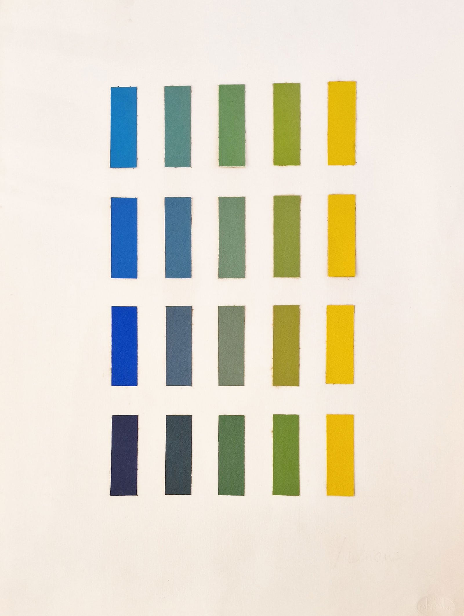 Getulio Alviani (Udine, 1939 - Milan, 2018) - Senza Titulo (1972): Collage of coloured cardboard on Fabriano paper. Dimensions: 48.0 x 34.5 cm. The work is signed at the bottom right and dated on the back. It includes a stamp on the back: Copyright by Getulio Alviani