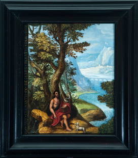 ADAM ELSHEIMER (1578-1610) - Saint John the Baptist: Oil on copper. This exquisite work, attributed to Adam Elsheimer (1578-1610), depicts Saint John the Baptist in a carefully crafted natural setting, characteristic of this artist's mastery in the use