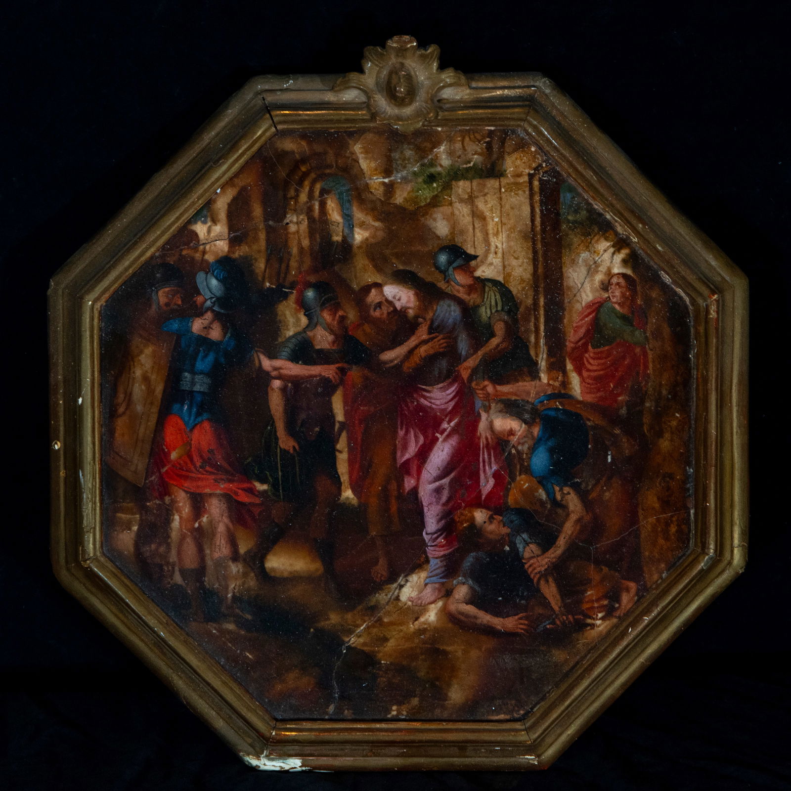 Roman Workshops of Jacques Stella, oil tempera on agate stone, 17th century baroque work: Measurements: 33 x 33 cm, framed measurements 41 x 38 cm