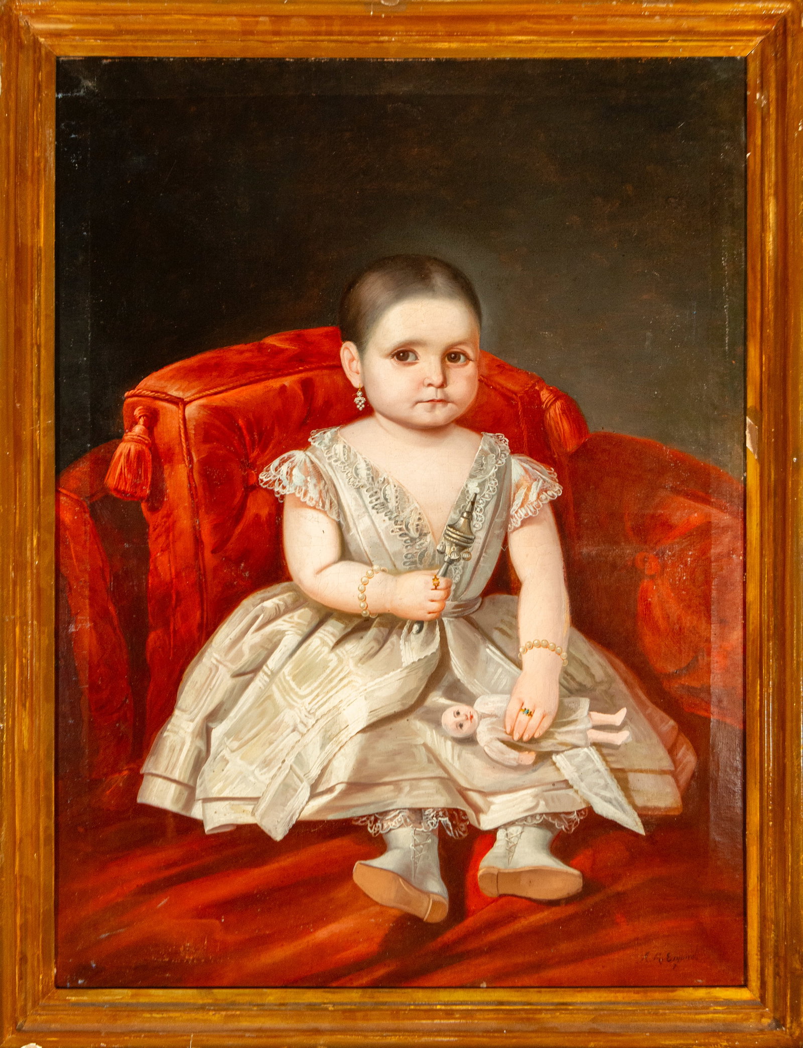 Girl with a Little Bird, signed Esquivel, Spanish school of the 19th century: Oil on canvas: 85 x 65 cm and framed dimensions: 90 x 70 cm